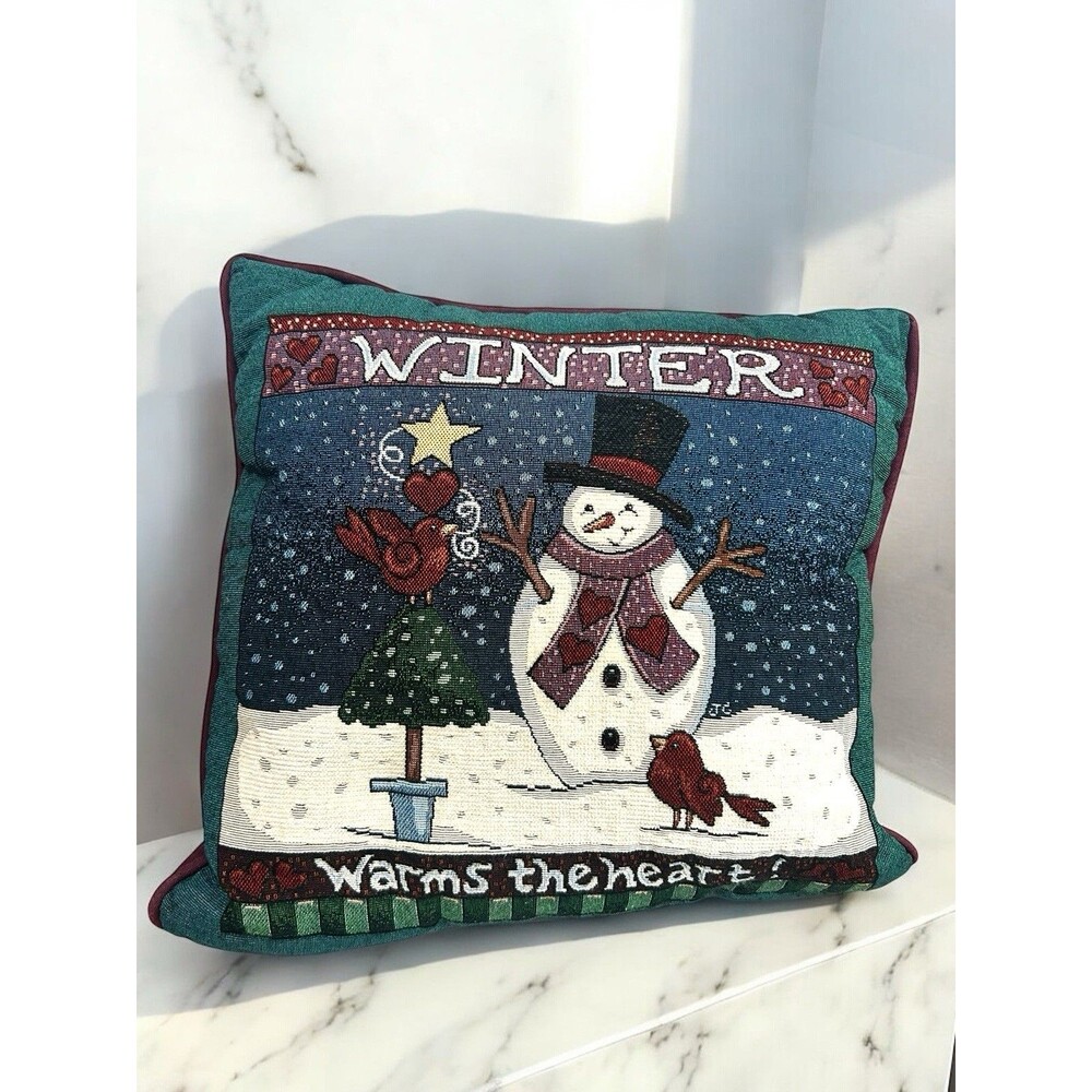 Newport Tapestry 17" Decorative Throw Pillow Snowman Winter Warms Heart Holiday